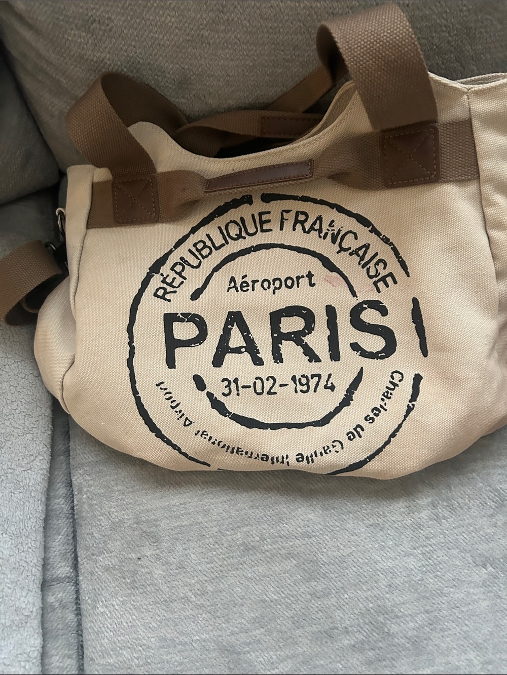 Paris Stamp Canvas Tote Bag - Beige/Brown